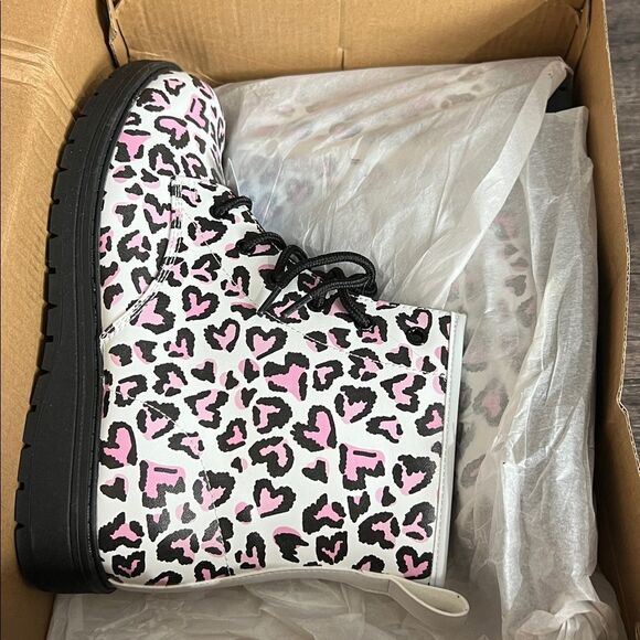 Skechers Big Girls Size 5 White & Pink Leopard Print Zip & Lace Up Moto Boot NEW - Picture 9 of 9